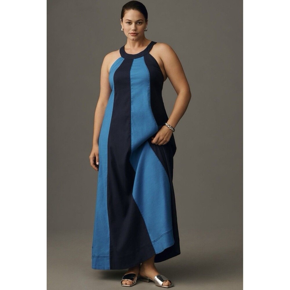 Anthropologie Maeve Maxi Dress Blue Ami Linen Halter Preppy Retro City Sz XL NWT